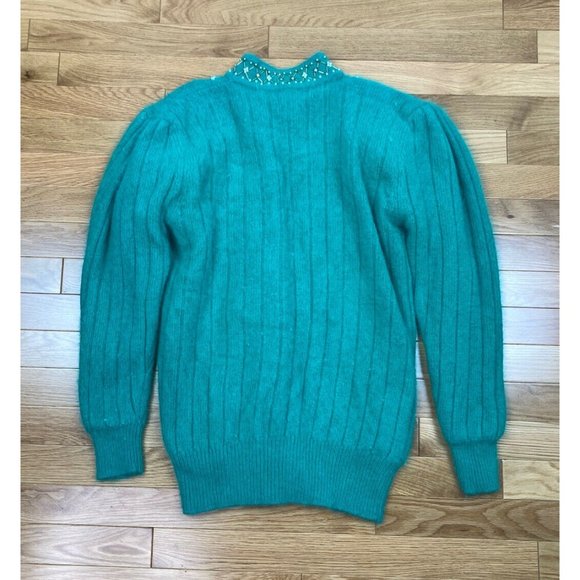 *Vintage Belldini Angora Embellished Button Cardigan Sweater M Green Gold Jewel - Picture 9 of 11